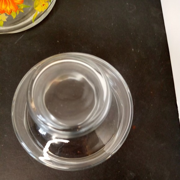 Vintage Clear Round‎ orange yellow Floral Container w/  Lid 4" wide 6" tall - Picture 7 of 15